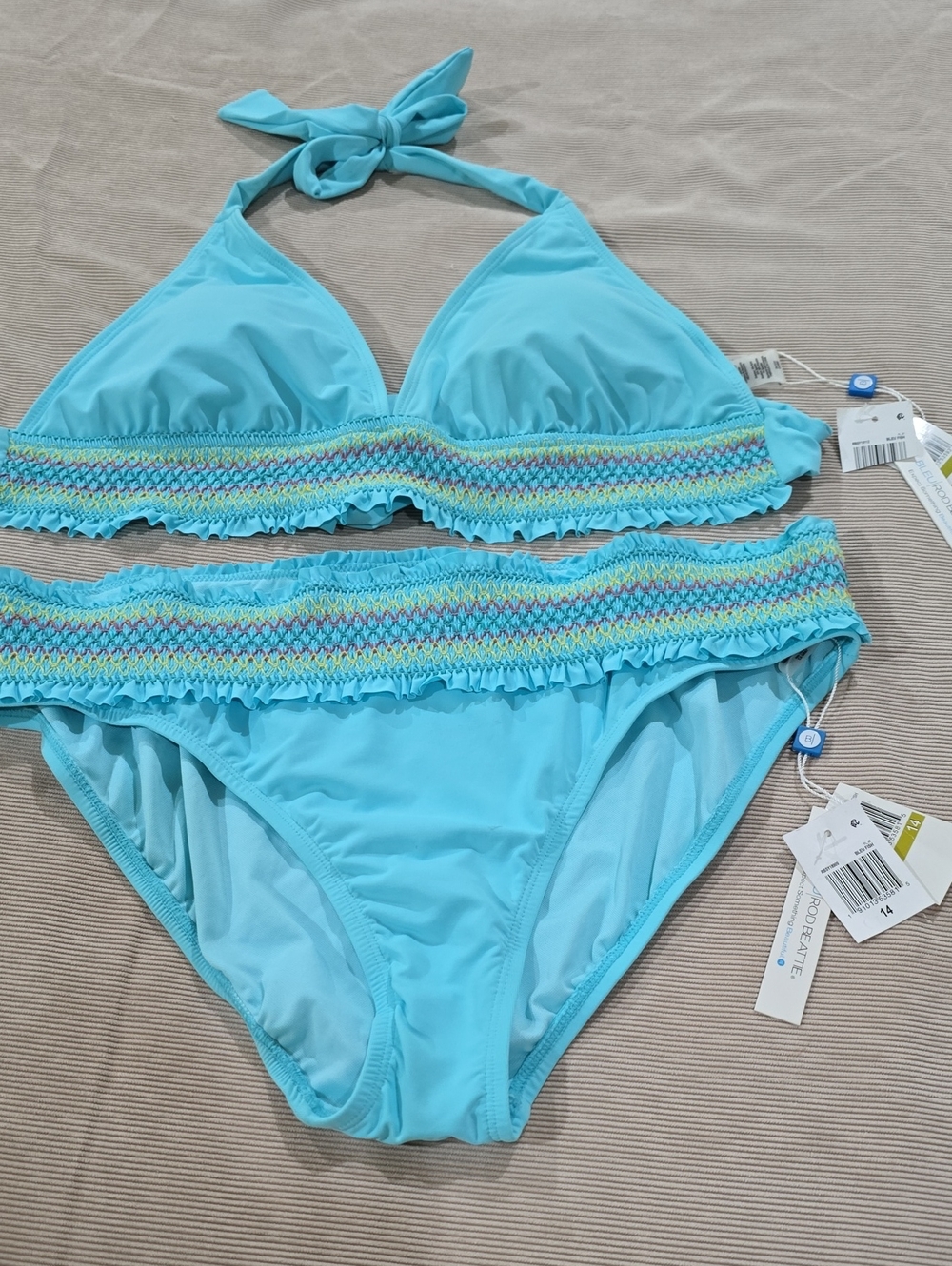 NWT- Bleu Rod Beattie Aqua Blue Smocked Halter Bikini
